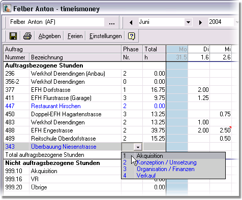 Stundenerfassung: Auswahl Phasen bei einem Auftrag mit Phasengruppe 'Planung'